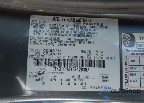 2012 Ford Fusion Se z USA, uszkodzony, nr VIN 3FAHP0HAXCR428387
